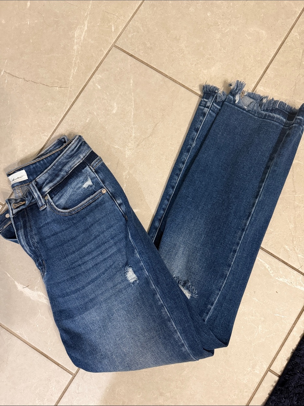 KanCan Dark Blue High-Rise Frayed Hem Jeans